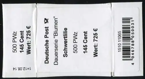 2507 Schwertlilie 145 Banderole / Aufkleber 500er, Angabe PWz, Datum