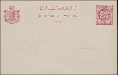 Suriname Postkarte mit Antwort Ziffer 2 1/2 C. / 2 1/2 C. um 1890 ungebraucht **