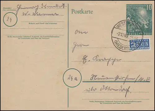 PSo 1 Bundestag 10 Pf + Notopfer Bedarfspostkarte WESTERWANNA-NIEDERELBE 2.12.49