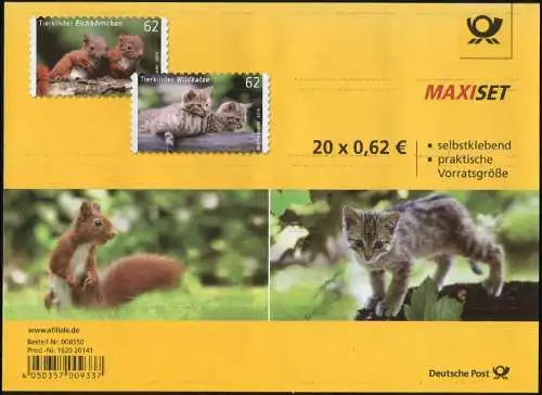 FB 44 Enfants d'animaux écureuils / chat sauvage, feuille de 10x 3129-3130, **