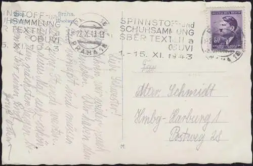 Textilien: Spinnstoff- und Schuhsammlung EF AK Prag PRAG 22.10.43 nach Hamburg