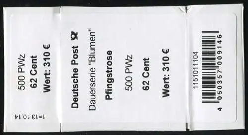 3121 Pfingstrose 62 Banderole / Aufkleber für 500er-Rolle, mit Datum