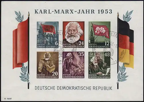 Block 8BYI Karl-Marx-Jahr 1953, gestempelt Berlin 21.11.53, geprüft Weigelt BPP