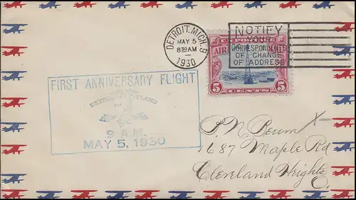 Erstflug Bordstempel Detroit - Cleveland 5.5.1930, EF auf Brief Detroit 5.5.30 