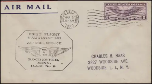 Erstflug Bordstempel CAM No.9 ROCHESTER / MINN. Twin Cities Route EF Bf 8.3.1930