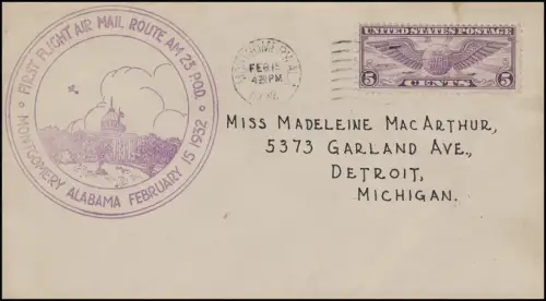 Premier vol Route AM 23 P.O.D. Montgomery Alabama 15.2.1932, Bf à Detroit/Mich.