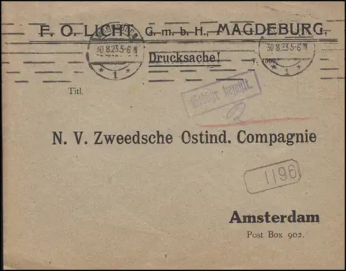 Gebühr-bezahlt-Stempel Drucksache Magdeburg 30.8.23 n. Amsterdam & Stempel 1196