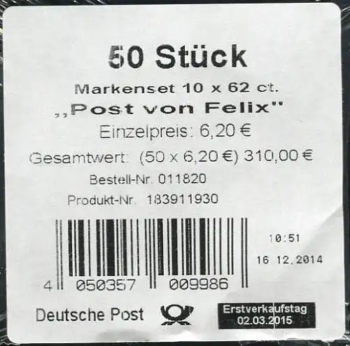 FB 46 Felix der Hase - Post von Felix, Banderole für 50 Markensets