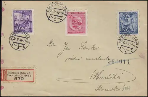 Lettre de censure Bohême et Moravie 128-130 Wagner-Test R-Bf. Morau-Ostra-Mauritius 22.5.43