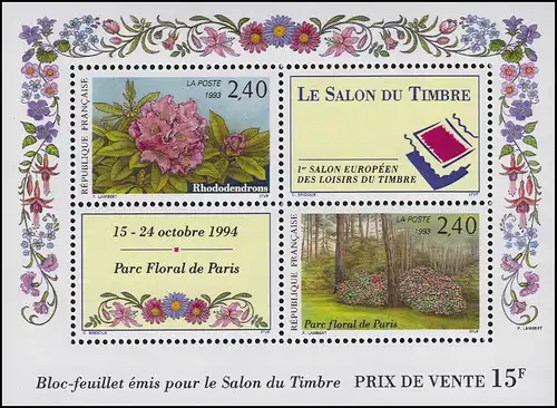 Block 13 Briefmarkenausstellung SALON DU TIMBRE Paris 1993, Block **