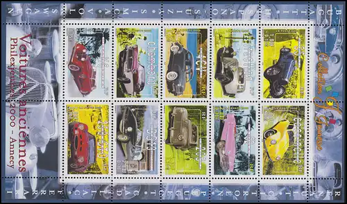 3458-3467 Jugend-Ausstellung PHILEXJEUNESSE Oldtimer-Automobile, Kleinbogen **