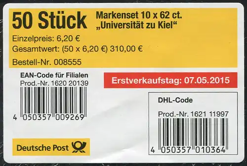 FB 48 Universität Kiel, BANDEROLE mit DHL-Code für 50 Markensets