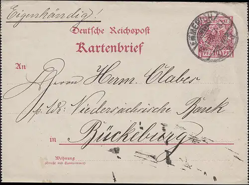 Lettre de carte K 2 Adler 10 Pf. EMMERICH 18.11.98 après BUCKEBURG 18/11.98