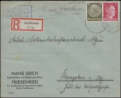 Pays-Bas Blückach sur les bureaux de vente MiF R-Lettre Kaufbeuren 26.1.42 à Kempenten