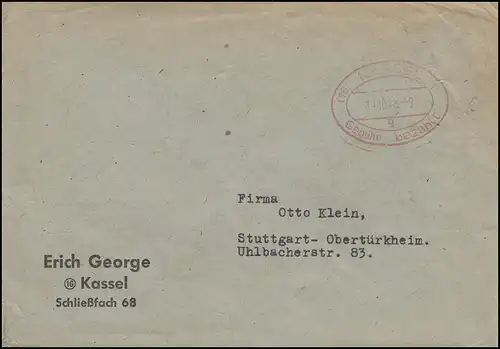 Gebühr-bezahlt Oval-Stempel rot KASSEL 1 g - 11.10.48 auf Brief nach Stuttgart