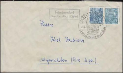 Landpost Friedersdorf sur Francfort/Oder Brief MeF SSt Frankfurt 26.8.57