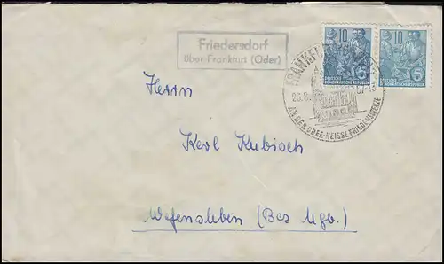 Landpost Friedersdorf über Frankfurt/Oder Brief MeF SSt Frankfurt 26.8.57