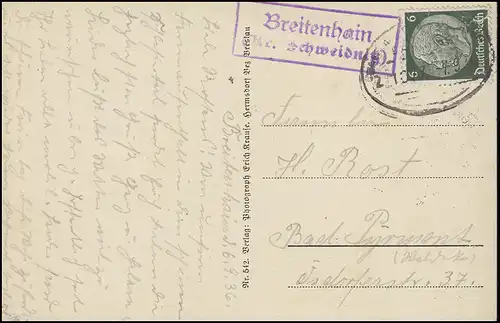 Landpost Breitenhain (Kreis Schweidnitz), EF AK Talsperre Bahnpost 7.9.35