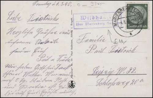 Landpost Wildhaus über Marienberg, EF auf AK MARIENBERG/SACHSEN 4.8.40