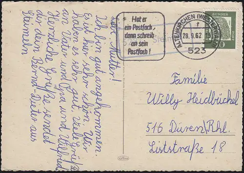 Landpost 5231 Stemel  EF Dürer Postkarte 523 ALTENKIRCHEN / WESTERWALD 28.9.62