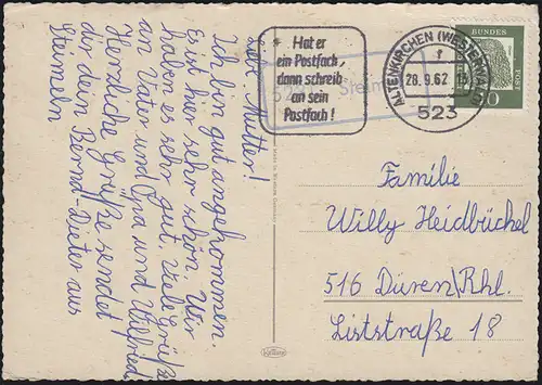 Pays Post 5231 Stemel EF Dürer Carte postale 523 ÂGE / WESTERWALD 28.9.62