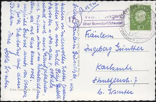 Landpost 17b Wellendingen sur Bonndorf Schwarzwald EF AK SSt BONNDORF 14.9.60