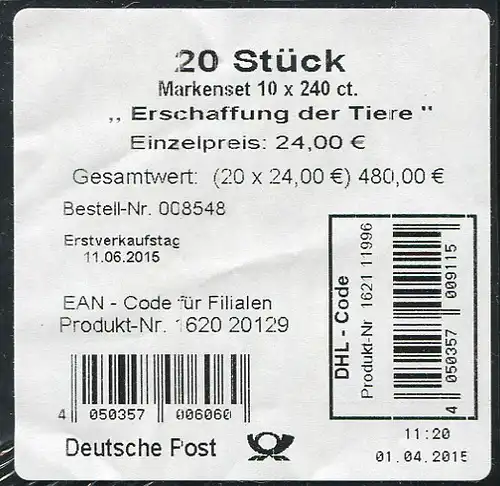 99 MH Meister Bertram: Erschaffung der Tiere, Banderole mit DHL-Code
