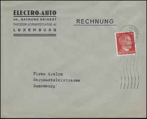 Luxemburg EF 8 Pf. auf Orts-Brief Electro-Auto LUXEMBURG 17.9.42