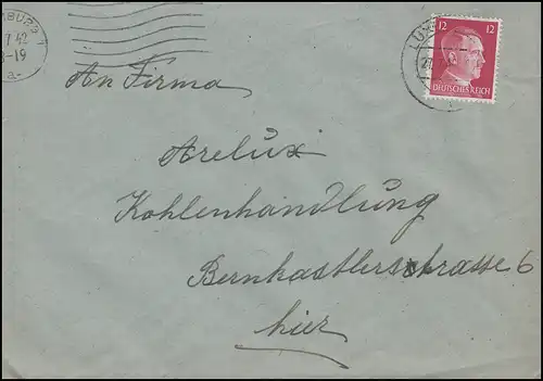 Luxemburg Hitler-EF 12 Pf. Orts-Brief Kohlenhandlung LUXEMBURG 27.7.42