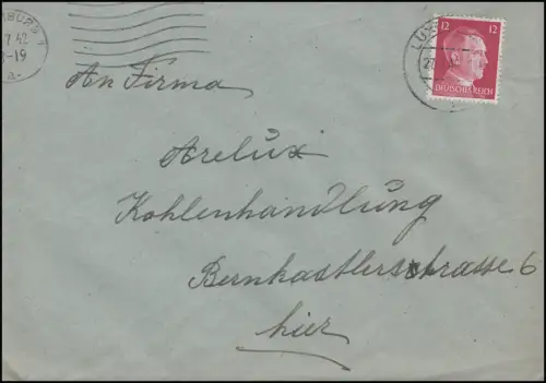 Luxemburg Hitler-EF 12 Pf. Orts-Brief Kohlenhandlung LUXEMBURG 27.7.42