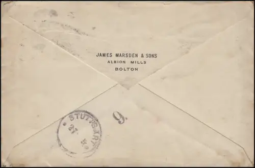 USA Umschlag mit Zusatzfrankatur BOLTON 25.5.94 DUP 92 nach STUTTGART 27.5.