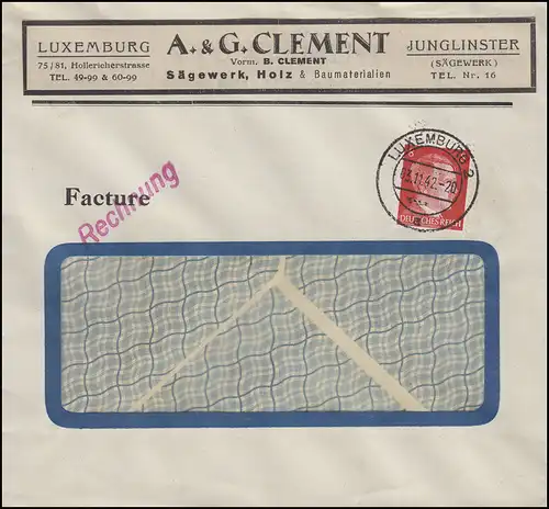 Luxembourg Hitler-EF 8 pf. facture scierie bois Clement Luxembourg, Bf Tages-O