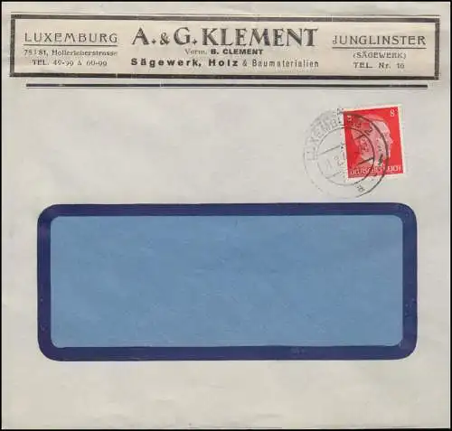 Luxembourg Hitler-EF 8 pf. facture scierie bois Clement Luxembourg, Bf Tages-O