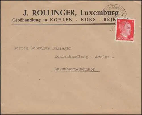 Luxembourg Hitler-EF 8 Pf Commerce du charbon Briquettes à coke Lettre locale LUXEMBOURG 1942