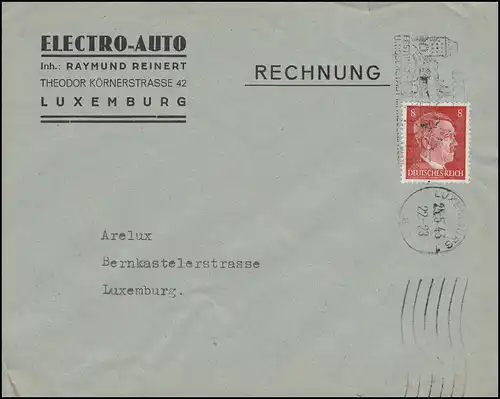 Luxembourg Hitler-EF 8 Pf. Electro-Auto Lettre de ville LUXEMBOURG Rosenstadt 25.5.43