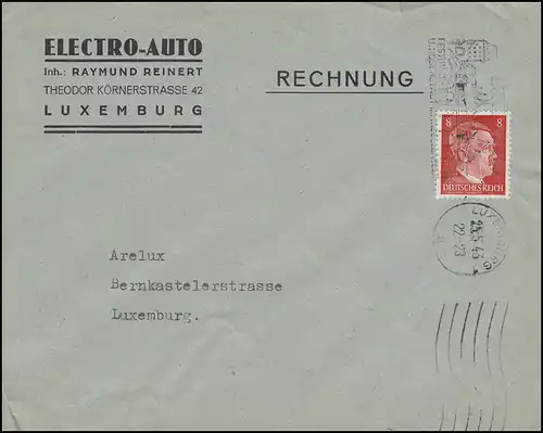 Luxemburg Hitler-EF 8 Pf. Electro-Auto Orts-Brief LUXEMBURG Rosenstadt 25.5.43