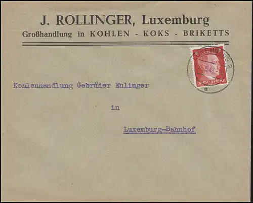 Luxemburg Hitler-EF 8 Pf. Kohlenhandel Koks Briketts Orts-Brief LUXEMBURG 2.8.43