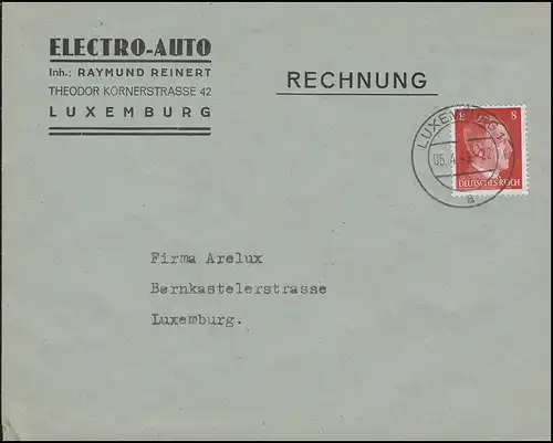 Luxembourg Hitler-EF 8 Pf. Electro-Auto Reinert Lettre locale LUXEMBOURG 5.4.43