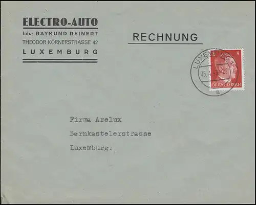Luxemburg Hitler-EF 8 Pf. Electro-Auto Reinert Orts-Brief LUXEMBURG 5.4.43