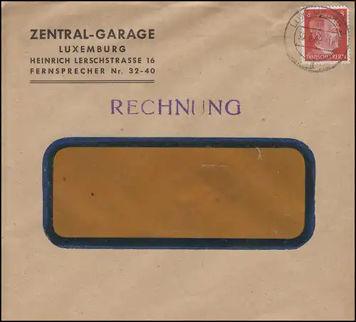 Luxembourg Hitler-EF 8 Pf Garage central Facture Lettre de vitrine LUXEMBOURG 30.9.42