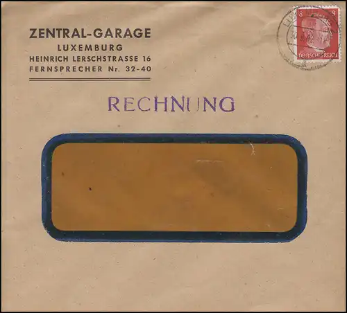 Luxemburg Hitler-EF 8 Pf Zentral-Garage Rechnung Fensterbrief LUXEMBURG 30.9.42