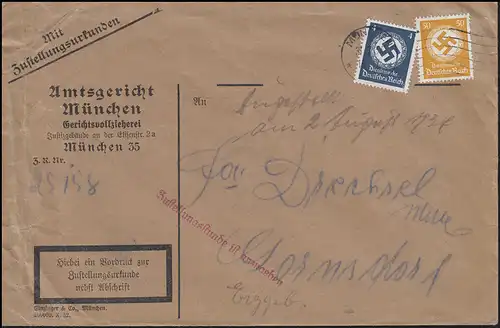 Dienst 133+143Aufdruck 4+50 Pf. MiF Zustellurkunde Amtsgericht MÜNCHEN 31.7.34