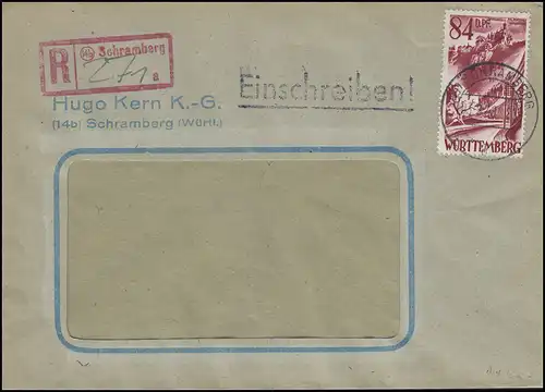 Württemberg 26 Freimarke 84 DPf. EF Fensterbrief R-Stempel SCHRAMBERG 3.8.48