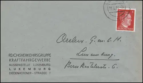 Luxemburg Hitler-EF 8 Pf. Kraftfahrgewerbe Orts-Brief LUXEMBURG 18.8.44
