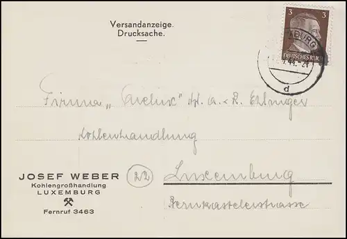 Luxembourg Hitler-EF 3 Pf. Imprimerie locale Commerce du charbon LUXEMBOURG-Tages-O 17.8.44