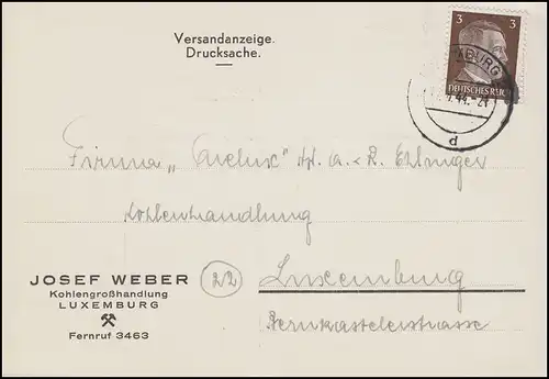 Luxemburg Hitler-EF 3 Pf. Orts-Drucksache Kohlenhandel LUXEMBURG-Tages-O 17.8.44