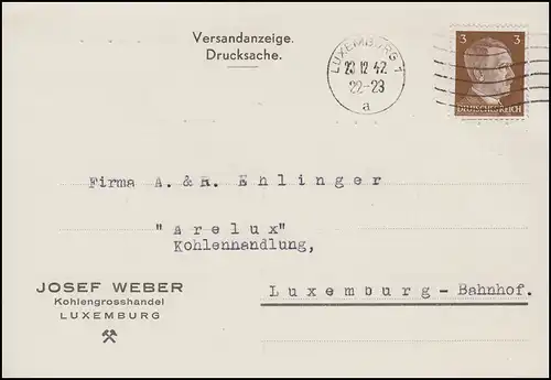 Luxembourg Hitler-EF 3 Pf. local DS Commerce du charbon LUXEMBOURG-Machines-O 23.12.42