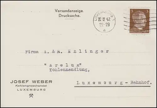 Luxemburg Hitler-EF 3 Pf. Orts-DS Kohlenhandel LUXEMBURG-Maschinen-O 23.12.42