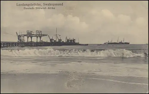 DSWA Bes. I. Weltkrieg AK Landungsbrücke Bahnpost Swakopmund 14.1.18 n. Windhuk