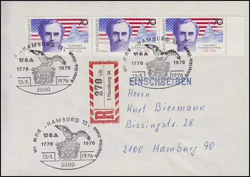 895 Indépendance des Etats-Unis 3x 70 Pf. MeF Lieu-R-FDC ESSt HAMBURG Adler 13.5.1976